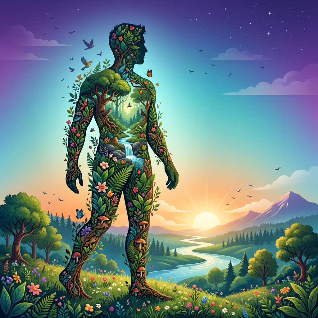 Silhouette of a person composed of trees, plants, animals, and a flowing river under sunrise sky