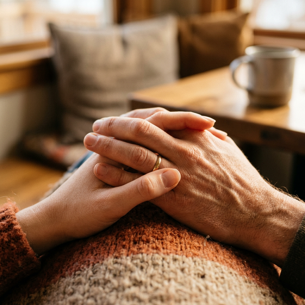 Two hands gently holding each other with a gold ring on one hand