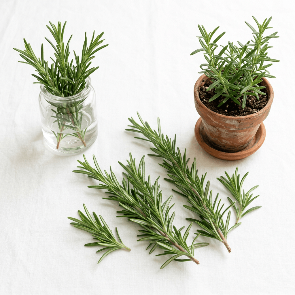 Several fresh rosemary sprigs with green needle-like leaves on white fabric background
