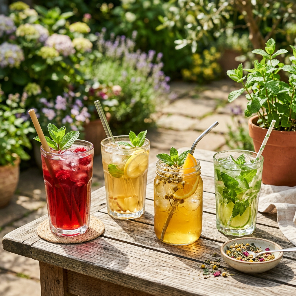 Four glasses of iced herbal teas garnished with mint and citrus on an outdoor wooden table