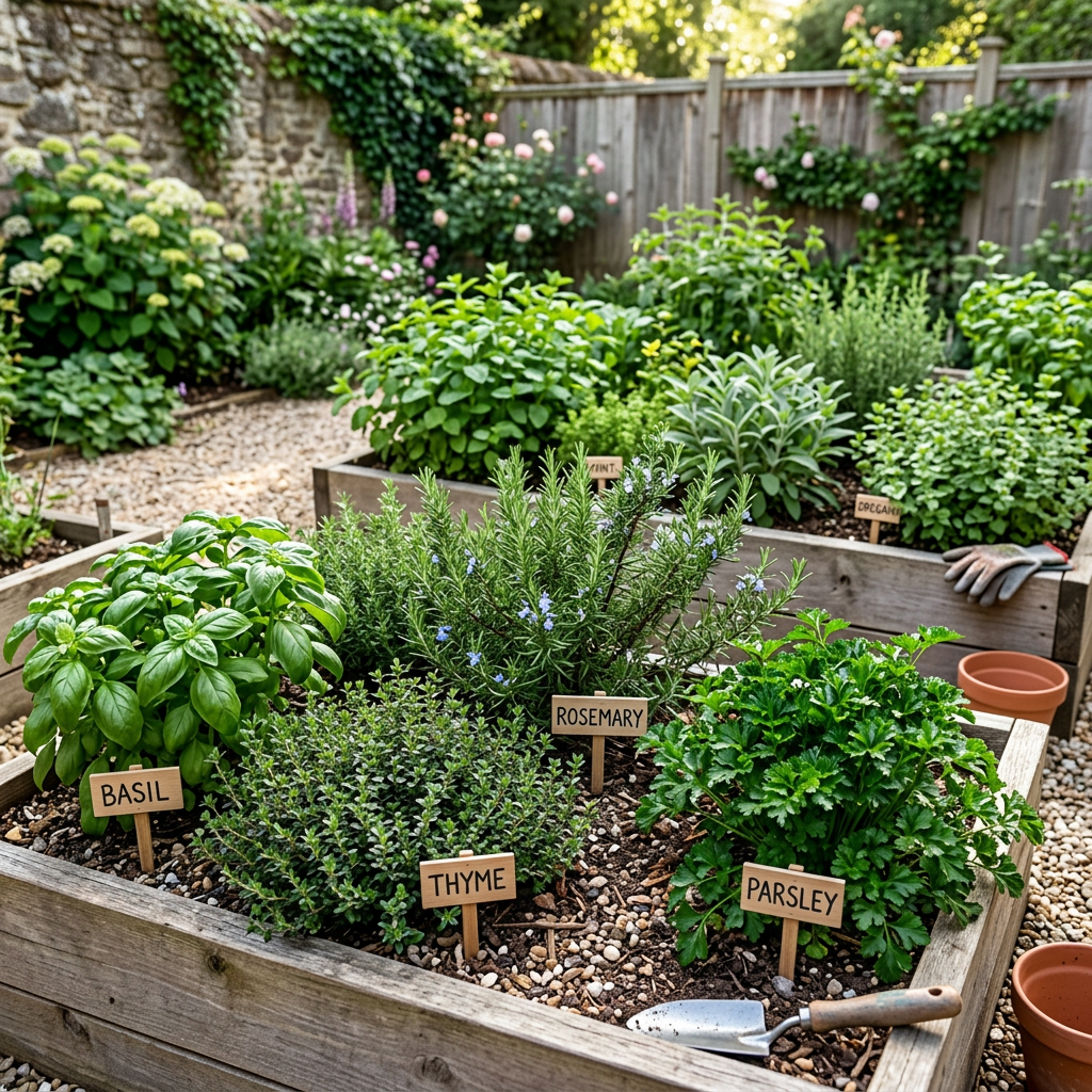 Raised garden bed with labeled basil, rosemary, thyme, and parsley herbs
